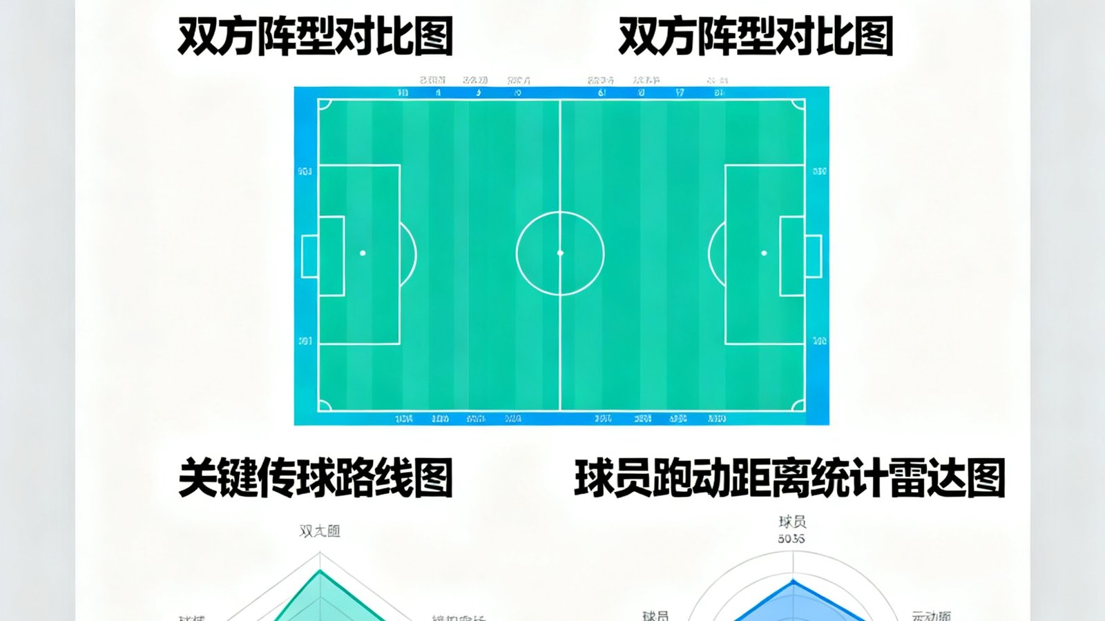一份详细的赛后复盘报告截图，包含双方阵型对比图、关键传球路线图、球员跑动距离统计雷达图，排版清晰专业。